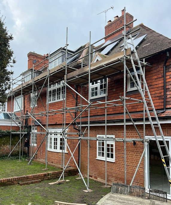 Scaffolding installed so we can attach pigeon proofing mesh to solar panels